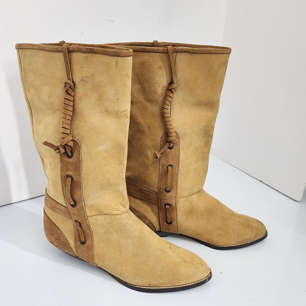 Vintage 80's Maine Woods Leather Boots Tan Low Heel Western DORADO RUN SMALL - Picture 10 of 16